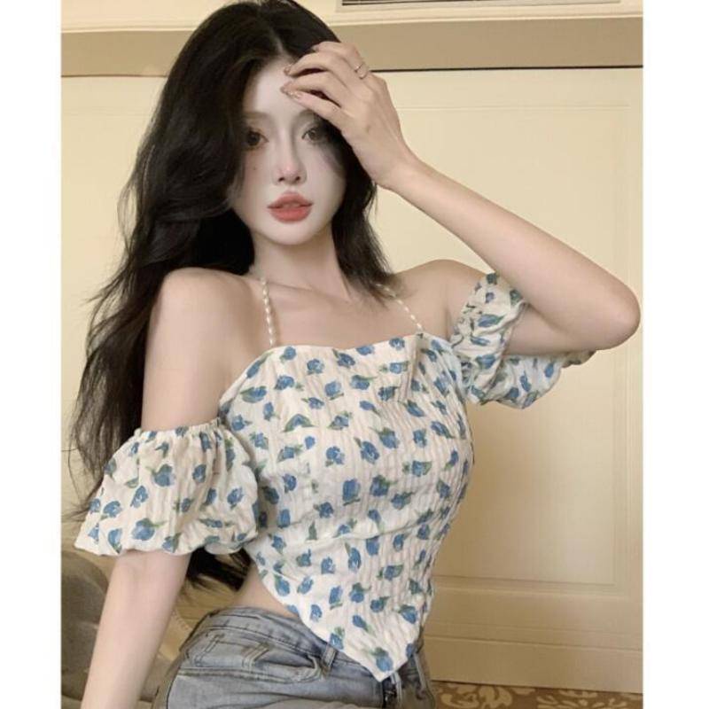 Áo Kiểu Tay Ngắn Phồng In Hoa Đính Ngọc Trai Thời Trang Mùa Hè Cho Nữ