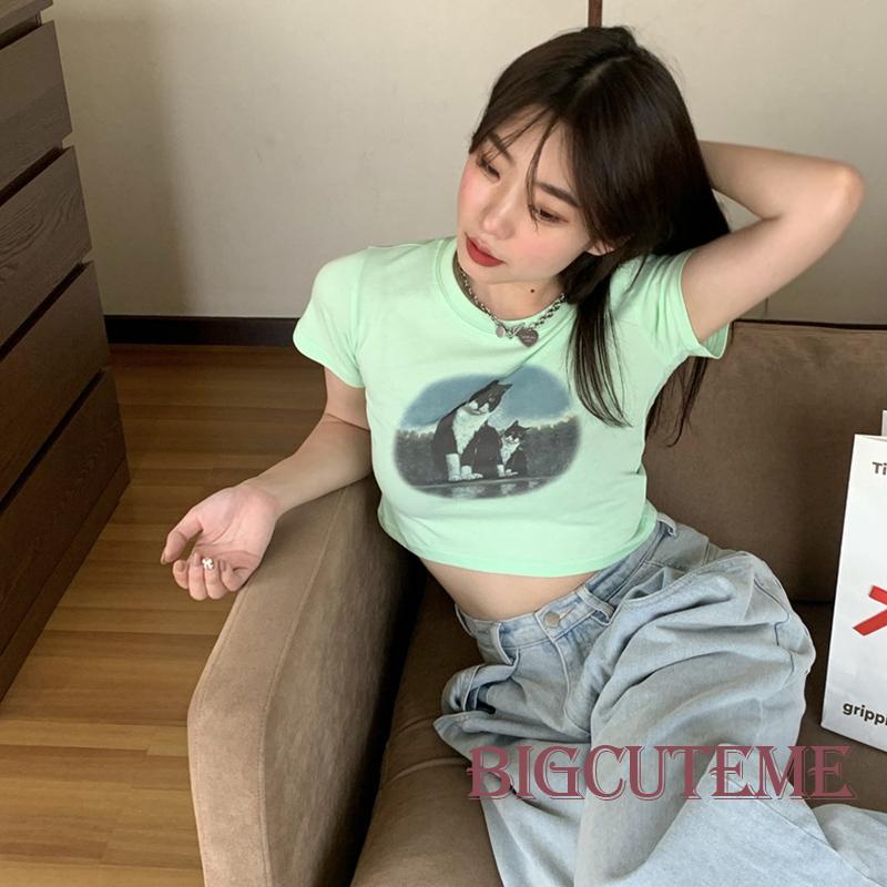 Áo Thun Crop Top Tay Ngắn Cổ Tròn In Hình Mèo Thời Trang Xuân Hè Cá Tính Cho Nữ