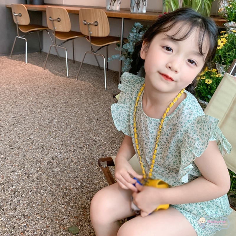 Set Đồ 2 Món Gồm Áo Tay Xòe Cánh Hoa + Quần Ngắn Lưng Thun Phong Cách Hàn Quốc Cho Bé Gái