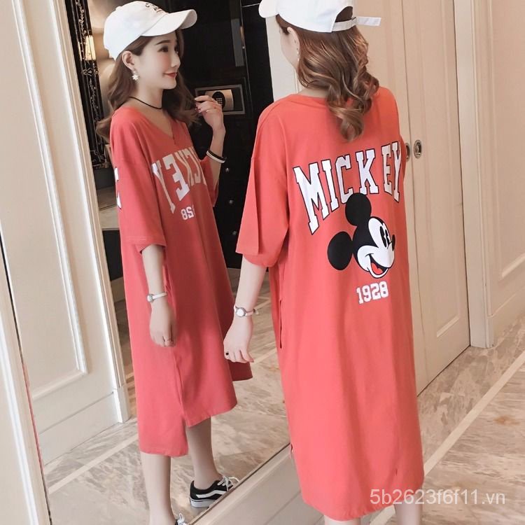 Đầm Thun Cotton Cổ Chữ V Tay Ngắn Dáng Rộng In Họa Tiết Hoạt Hình Phong Cách Hàn Quốc Thời Trang Cho Nữ
