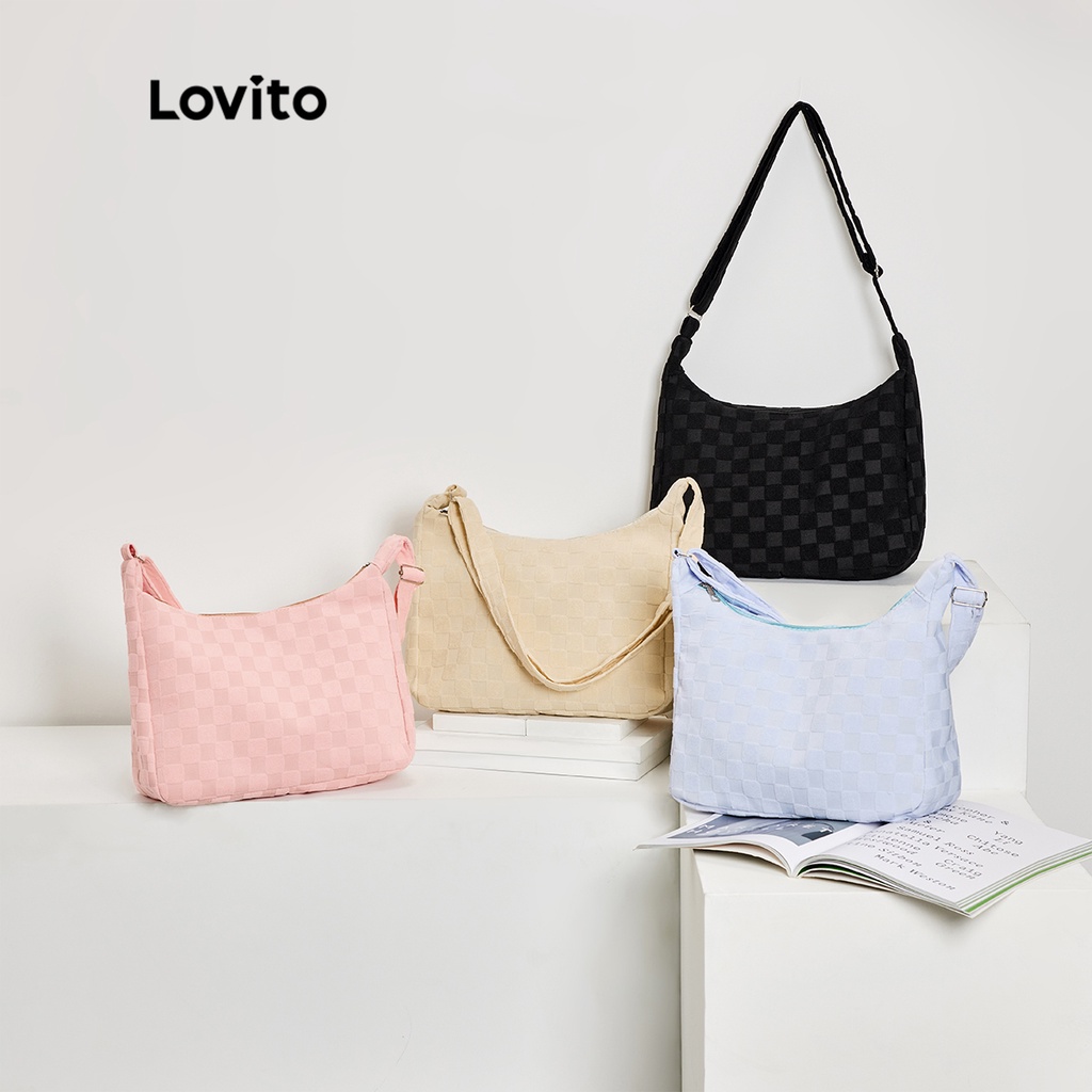 Túi đeo vai Lovito có dây kéo họa tiết kẻ sọc phong cách thường ngày dành cho nữ L50AD114 (mơ/hồng/tím/đen)