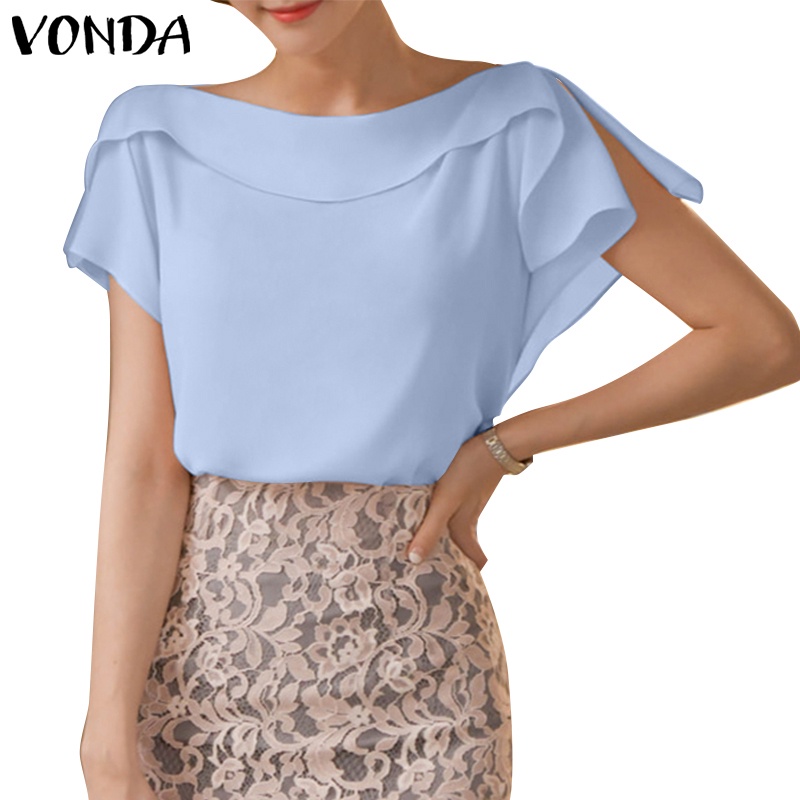Áo VONDA tay ngắn màu trơn phong cách Hàn Quốc thời trang cho nữ