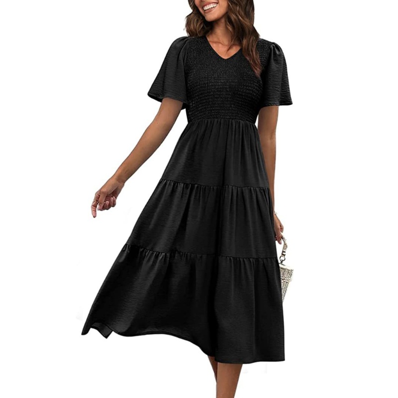 Đầm Midi Tay Ngắn Cổ Chữ V Thời Trang Mùa Hè Xinh Xắn Cho Nữ