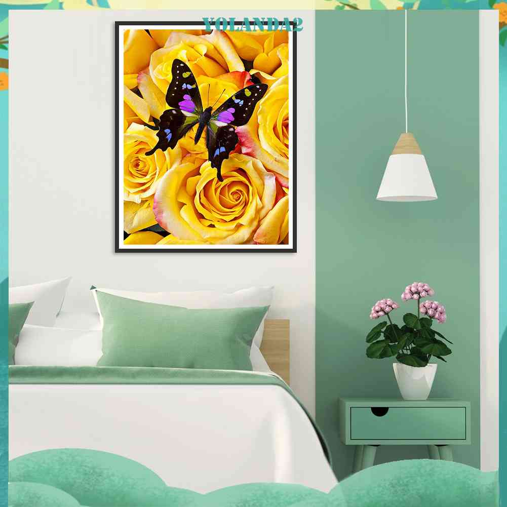 Bộ Tranh Đính Đá 5D Tự Làm Toàn Diện Hình Bướm Và Hoa Hồng Vàng Trang Trí Tường