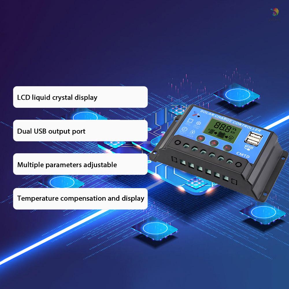 Bộ Điều Khiển Sạc Năng Lượng Mặt Trời Hai Cổng USB 20A 12 / 24V Màn Hình LCD