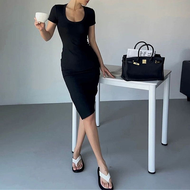 Đầm Midi Tay Ngắn Cổ Chữ U Khoét Sâu Màu Trơn Dáng Bút Chì Ôm Sát Quyến Rũ Thời Trang Mùa Hè Cho Nữ