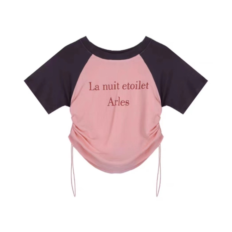 COZOK Áo Thun Ngắn Tay Cổ Thuyền Cột Dây Xếp Ly Màu Sắc Tương Phản Phong Cách Cổ Điển Thời Trang