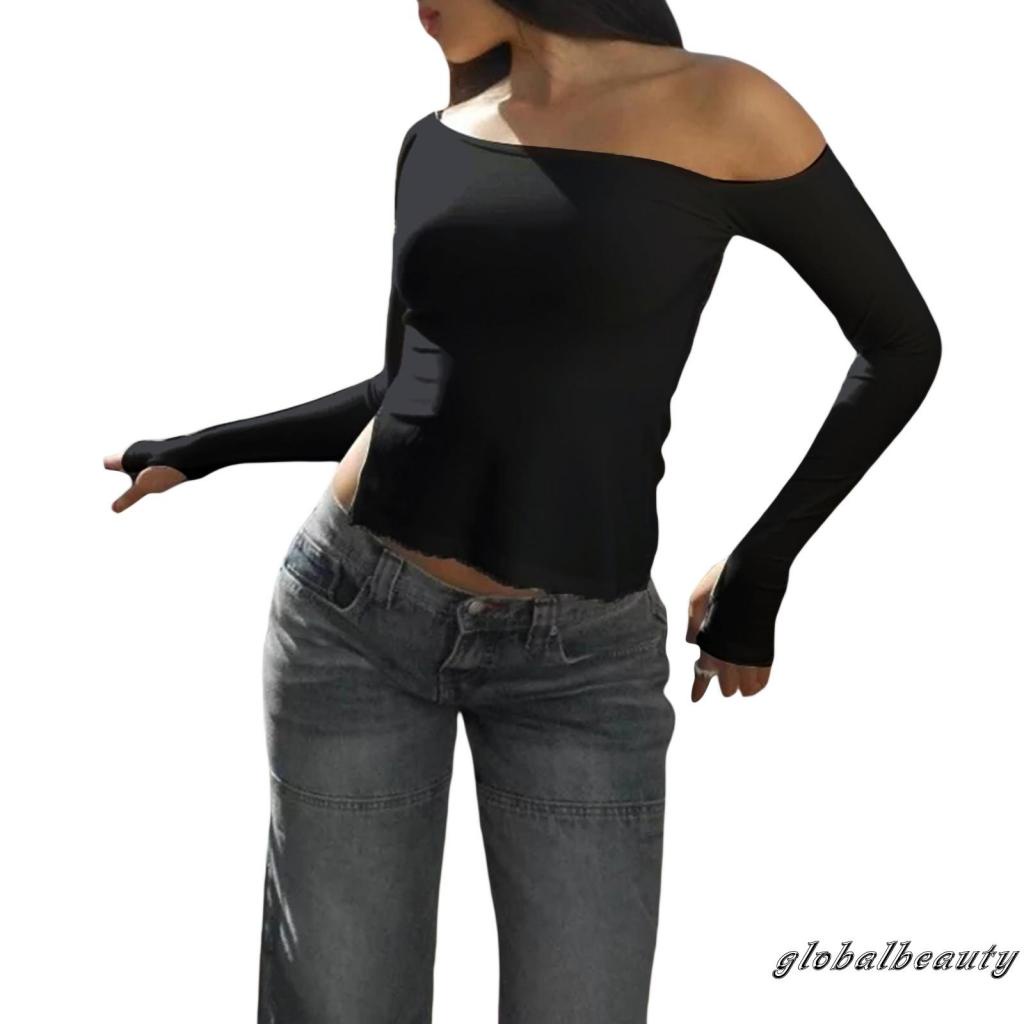 Áo Croptop Trễ Vai Tay Dài Màu Trơn Thời Trang Xuân Thu Dành Cho Nữ