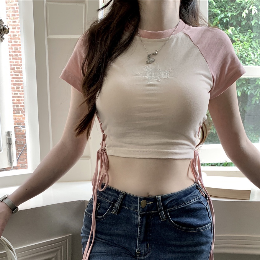 Áo baby tee Thun croptop Lửng Ngắn Tay Thắt Dây Eo Màu Sắc Tương Phản Dành Cho Nữ