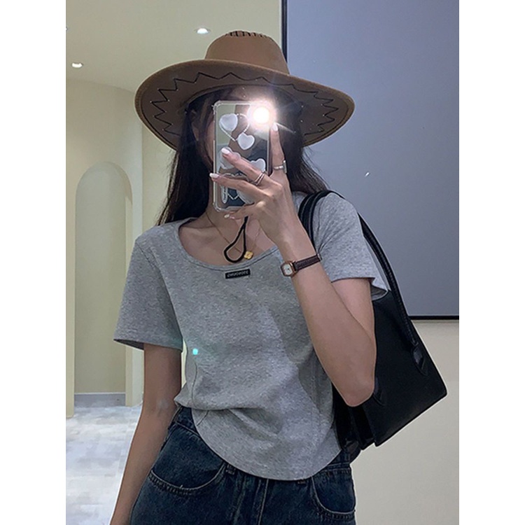 Áo Thun Ngắn Tay Cổ Vuông Viền Cong Thời Trang Retro Cho Nữ