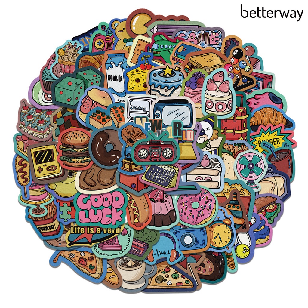 Betterway Bộ 80 Miếng Dán PVC Họa Tiết Hoạt Hình Đồ Ăn Vặt Cổ Điển Chống Nước Trang Trí Vali Laptop Mũ Bảo Hiểm