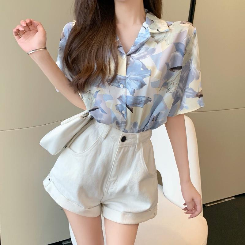 Áo Sơ Mi Ngắn Tay Họa Tiết Hoa Phong Cách retro Hong Kong Thời Trang Mùa Hè Mới Cho Nữ