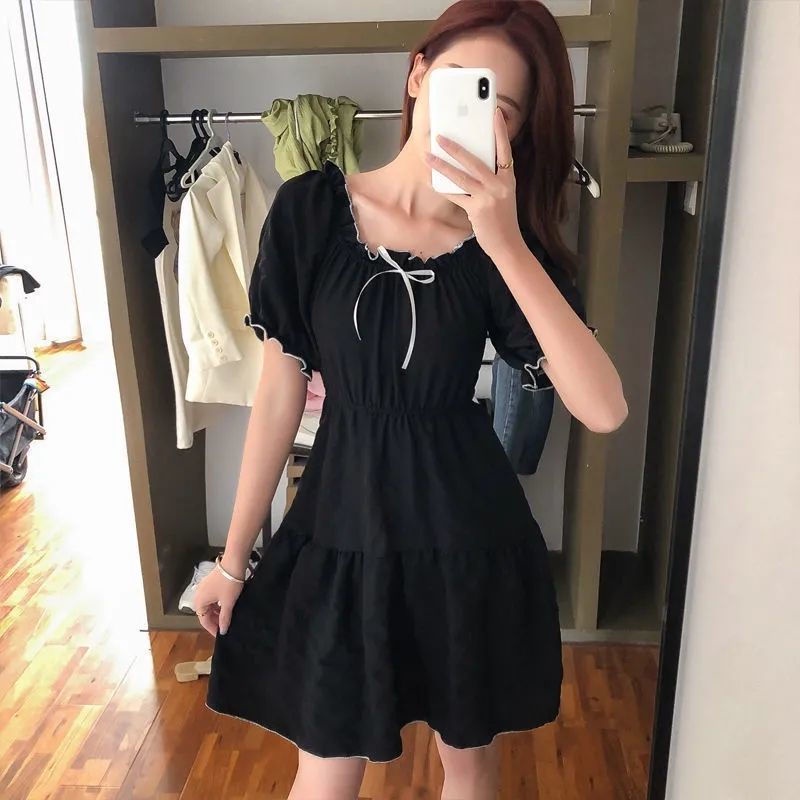 Đầm Ngắn Tay Phồng Đính Nơ Màu Trắng Thiết Kế Mới Thời Trang Mùa Hè Dành Cho Nữ