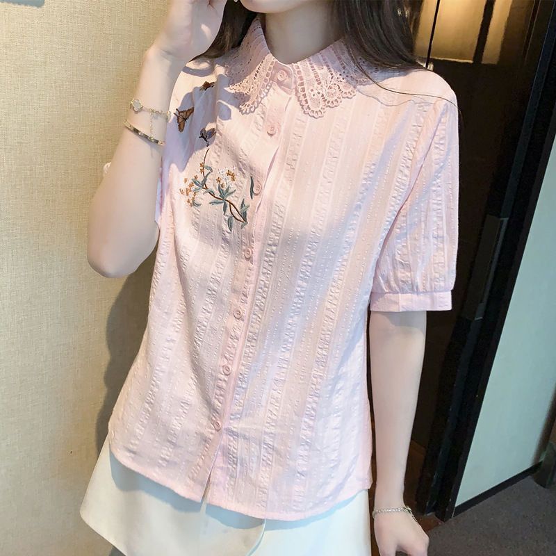 Áo Sơ Mi Cotton Mỏng Tay Ngắn Thêu Họa Tiết Thời Trang Mùa Hè 2023 Cho Nữ