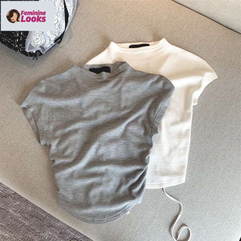 Áo Thun Ngắn Tay Cổ Cao Phối Dây Rút Sau Lưng Thời Trang Cá Tính