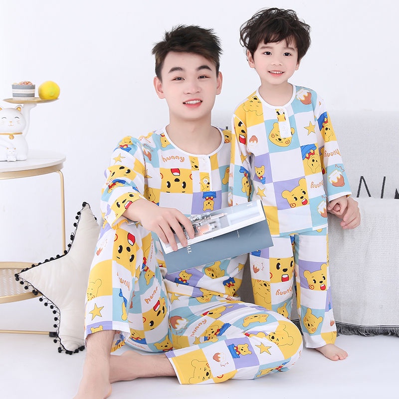 Bộ Đồ Ngủ Tay Dài Cổ Tròn Vải cotton Lụa Mỏng In Hoạt Hình Dành Cho Ba Mẹ Và Bé 80-175cm