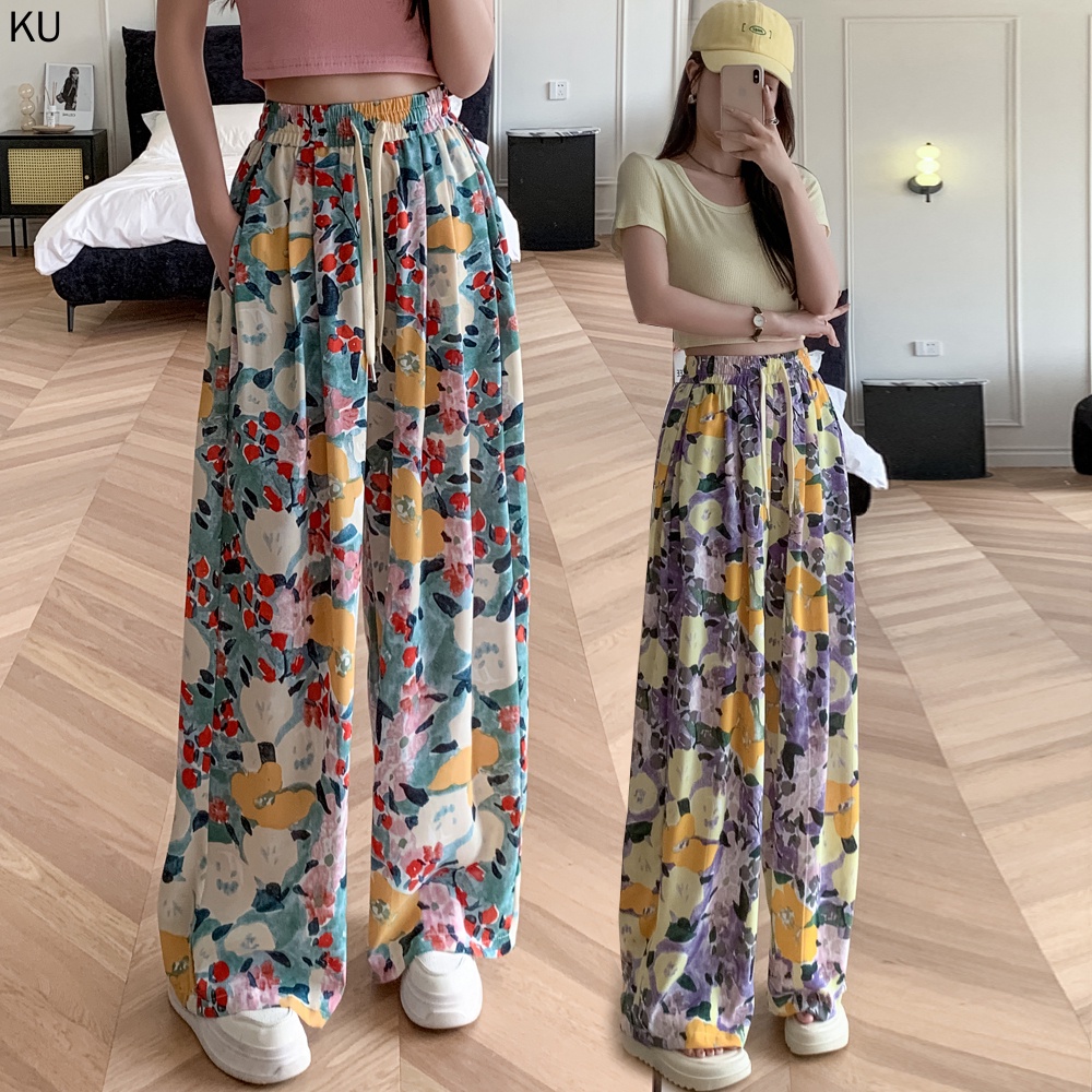 Quần Dài Ống Rộng Lưng Cao Họa Tiết Hoa Phong Cách Bohemian Thời Trang Mùa Hè Cho Nữ