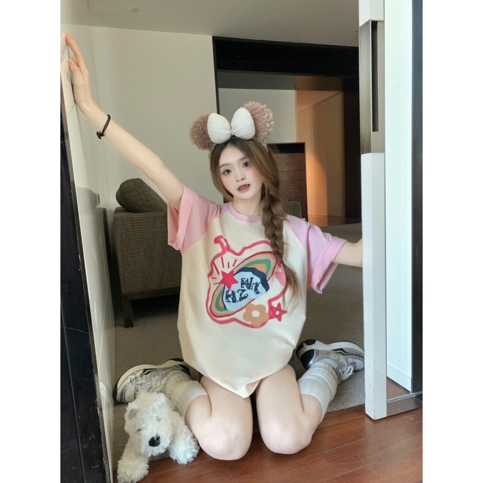 Áo Thun Tay Ngắn Dáng Rộng In Hình Hành Tinh Màu Sắc Đơn Giản Thời Trang Mùa Hè Năng Động