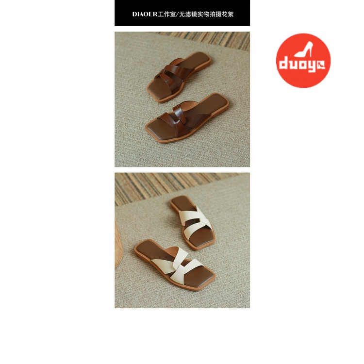 Duoya Hair Thẳng ~ [Hàng Có Sẵn] Dép Sandal Đế Phẳng Hở Ngón Mũi Vuông Phong Cách Retro Mùa Hè Đơn Giản Cho Nữ Đi Biển Ngoài Trời