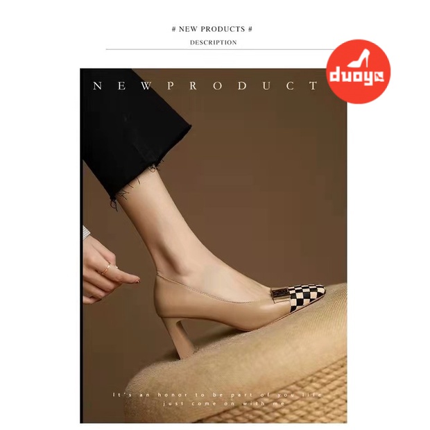 Duoya Giày Cao Gót Mũi Vuông Bằng Da Bóng Phối Khóa Vuông Thời Trang Cho Nữ Giày Cao Gót 6-8cm Da PU Mũi Vuông Miệng Nông Cá Tính