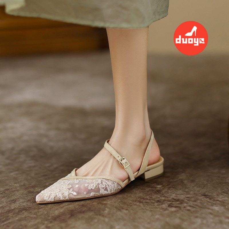 Duoya Tóc Thẳng ~ [Hàng Có Sẵn] Giày Sandal Mũi Nhọn Dây Vải Gạc Rỗng Thoáng Khí Hợp Thời Trang Cho Nữ