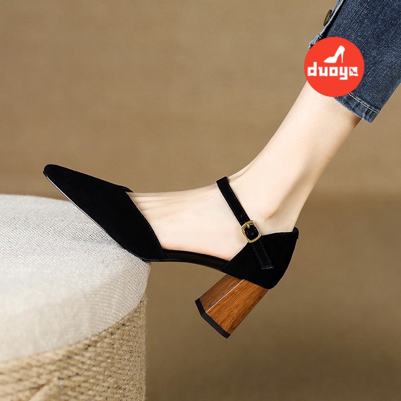 Duoya Tóc Thẳng ~ [Hàng Có Sẵn] Giày Cao Gót Mũi Nhọn Dày Dặn Bằng Da Mềm Có Khóa Cài Thời Trang Xuân Hè Cho Nữ Miễn Phí Vận Chuyển