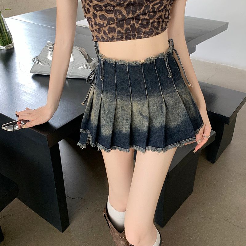 Chân Váy Denim Xếp Li Phong Cách Retro Dành Cho Nữ