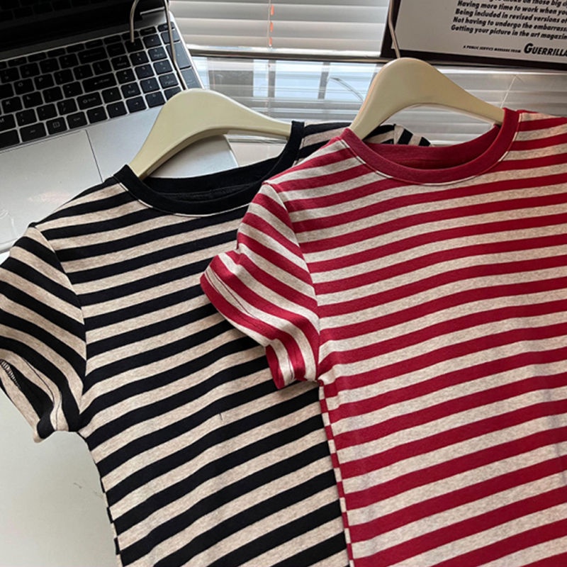 Áo Thun Cotton Ngắn Tay Họa Tiết Kẻ Sọc Màu Trơn Mẫu Mới 2023 Thời Trang Mùa Hè Cho Nữ