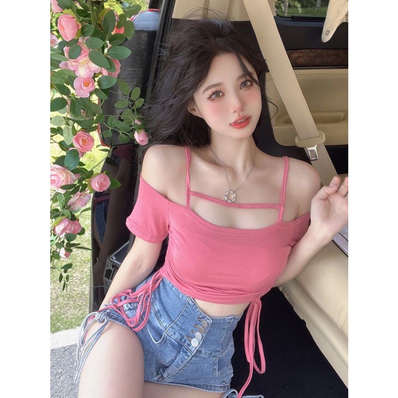 Áo Kiểu Trễ Vai Phối Dây Rút Thời Trang Mùa Hè Cho Nữ