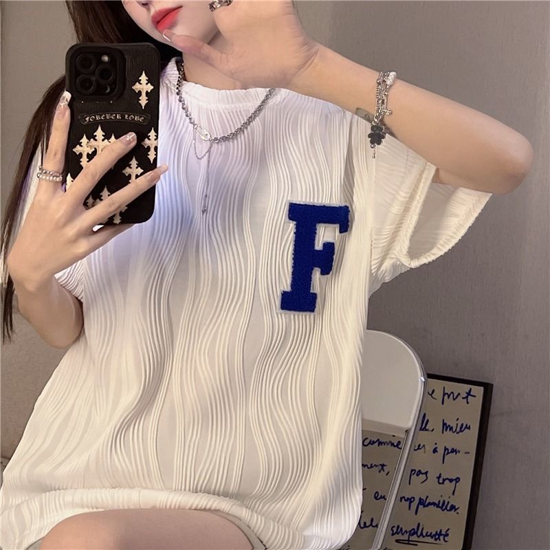 Áo Thun Tay Ngắn Dáng Rộng Bằng Lụa Lạnh Thêu Họa Tiết Thời Trang Mùa Hè Cho Nữ