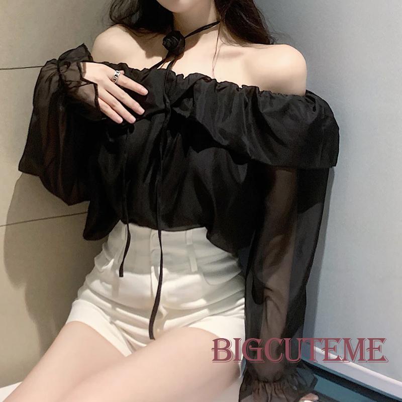 Set Áo Trễ Vai Xuyên Thấu Dài Tay + Vòng Cổ Hoa Thời Trang Dành Cho Nữ