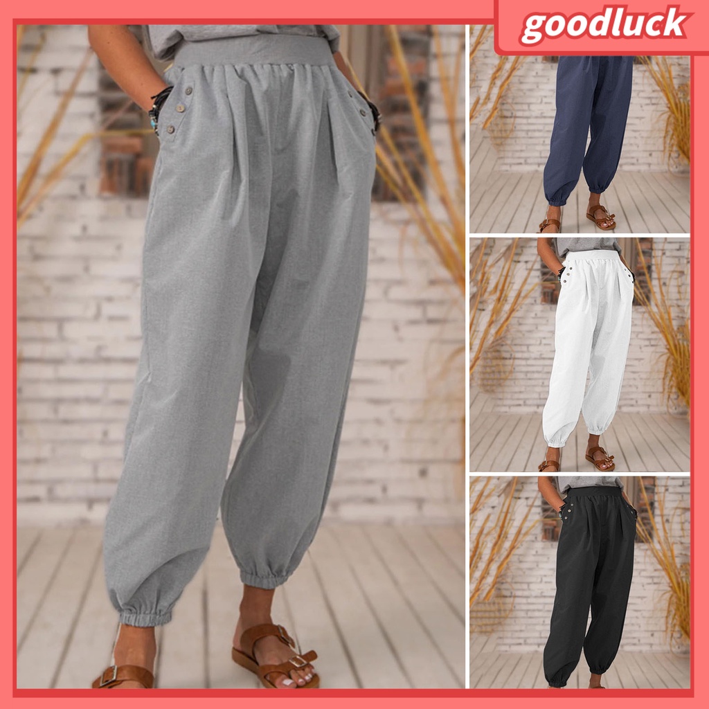 Quần Lửng Lưng Thun Màu Trơn Có Túi Đính Nút Trang Trí Đường Phố Cho Nữ