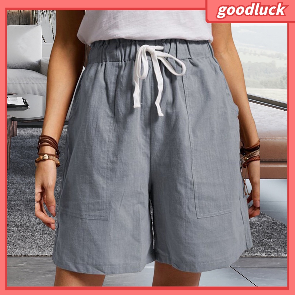 Quần ngắn ống rộng Lưng Thun Màu Trơn Phối Túi Lớn Thời Trang Đường Phố Mùa Hè