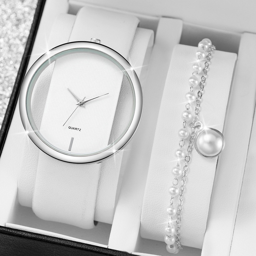 Đồng Hồ Nữ Dây Da Mặt Tròn Đính Hạt Giả Ngọc Trai Thời Trang