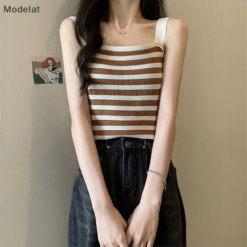 Áo Dệt Kim Hai Dây Dáng Ôm In Họa Tiết Kẻ Sọc Phong Cách Vintage Thời Trang Mùa Hè Cho Nữ