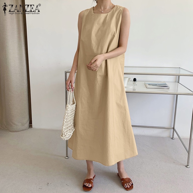 Đầm nữ ZANZEA cộc tay cổ tròn thời trang Hàn Quốc