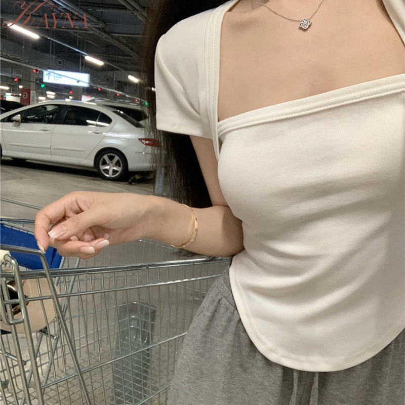 Áo Thun Nữ Ngắn Tay Cổ Vuông Thời Trang Hàn