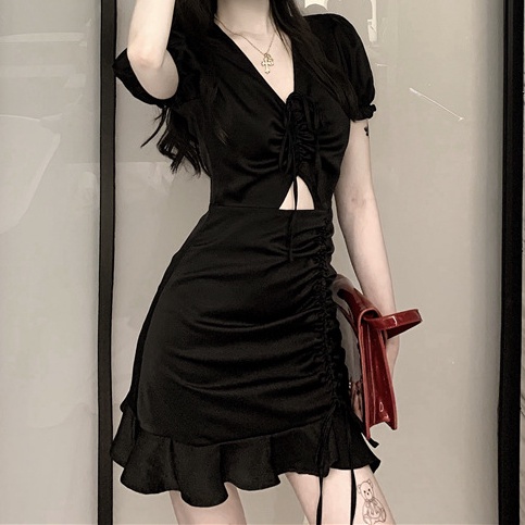 Đầm Ngắn Tay Cổ Chữ V Xếp Ly Có Túi Nhấn Eo Phong Cách Retro Mùa Hè Mới Cho Nữ