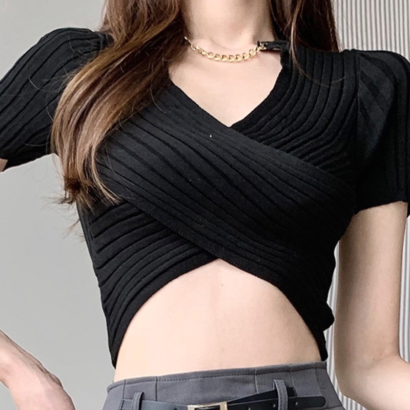 Áo Thun Dệt Kim Tay Ngắn Cổ Chữ V Dáng Ôm Thời Trang Dành Cho Nữ