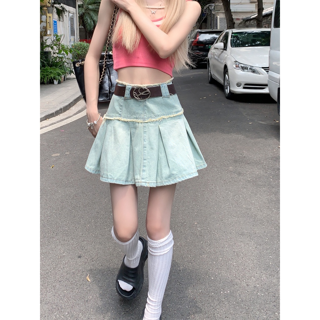 Y2k Chân Váy Jean Denim Xếp Ly Lưng Cao Phong Cách Retro Mỹ Thời Trang Mùa Hè Hàng Mới Dành Cho Bạn Nữ