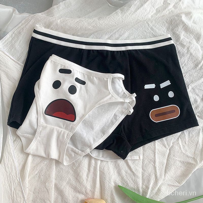 Quần Lót Cotton Màu Trắng Đen In Hình Gấu Hoạt Hình Dễ Thương Cho Cặp Đôi