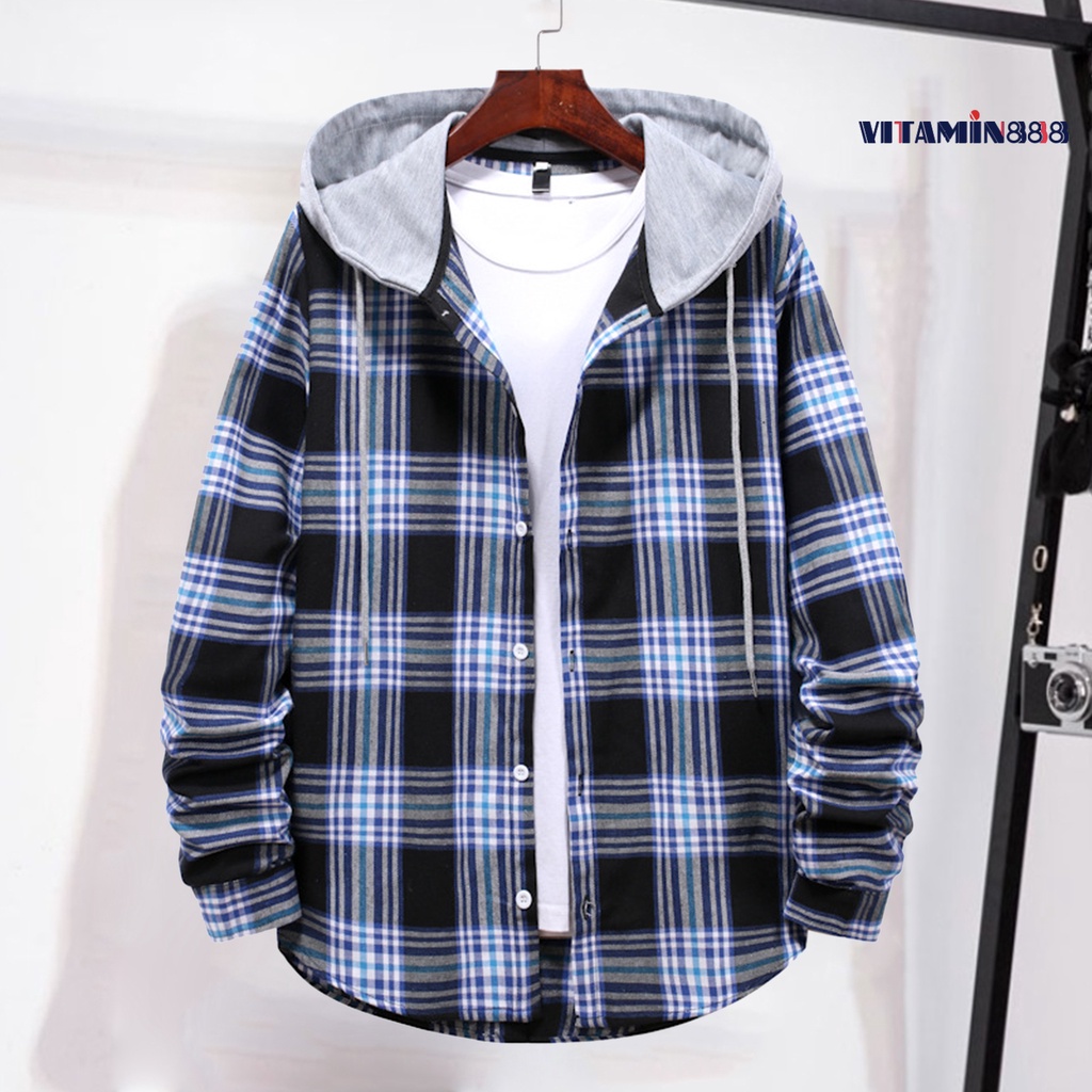 Áo Khoác Sơ Mi Tay Dài Có Mũ Trùm Đầu Dây Rút Một Hàng Nút Kẻ Sọc Caro Mùa Xuân Đường Phố Cho