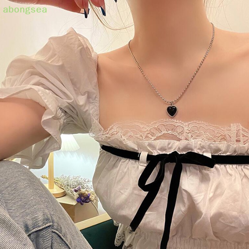 Abongsea Vòng cổ Mặt Hình Trái Tim Màu Đen Đơn Giản Phong Cách Hàn Quốc Cho Nữ