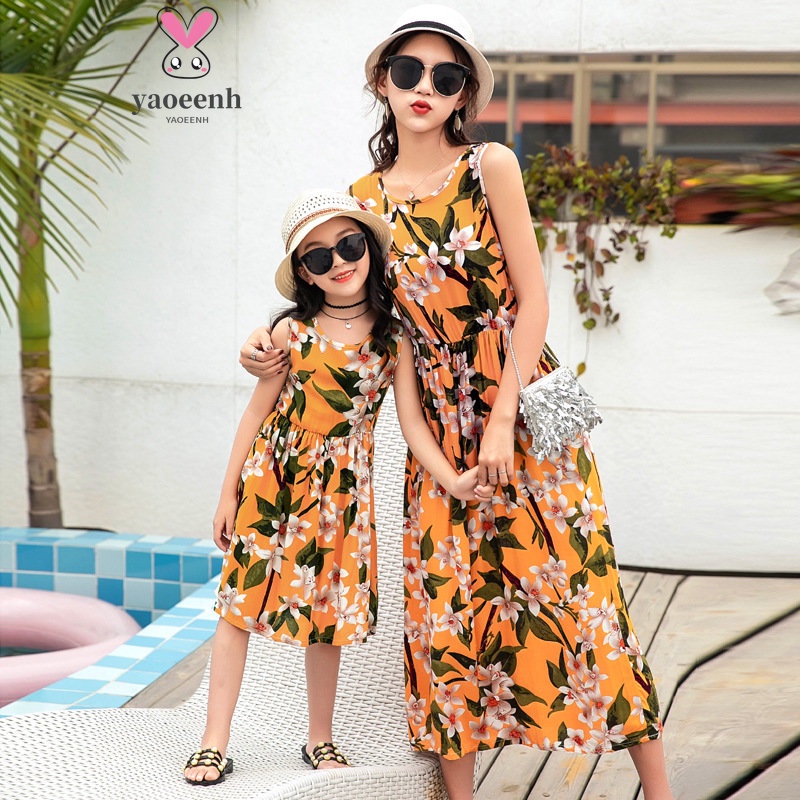 【YAOEENH】Đầm Cotton Lụa Sát Nách Dáng Rộng Thời Trang Đi Biển Phong Cách Hàn Quốc Cho Mẹ Và Bé Gái 110-xl