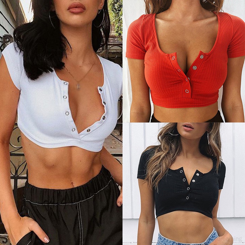 Áo Croptop Tay Ngắn Cổ Vuông Màu Sắc Đơn Giản Cho Nữ