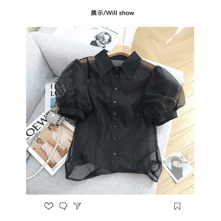 Áo Sơ Mi Tay Ngắn Phồng Trong Suốt Màu Đen Thời Trang Mùa Hè 2023 Cho Nữ
