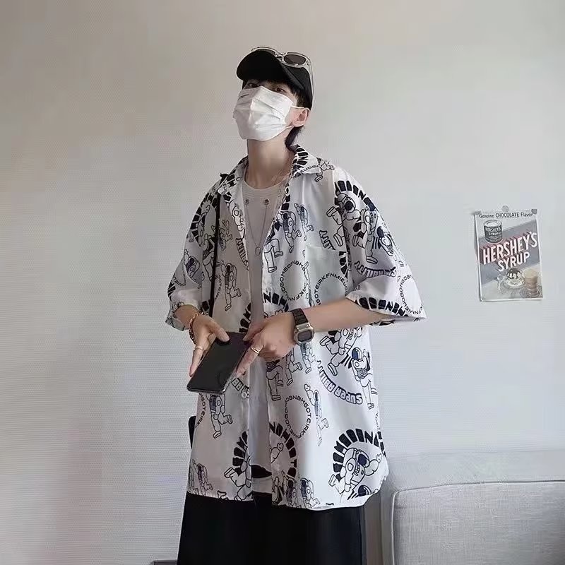 Áo Sơ Mi Tay Lửng Dáng Rộng In Họa Tiết Phong Cách Hong Kong Thời Trang Mùa Hè Hàng Mới Dành Cho Bạn Nam