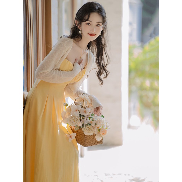 Plus Bộ Đầm Hai Dây Kèm Áo Khoác Cardigan Ngắn Tay Dài Nhẹ Nhàng Kiểu Pháp Thời Trang 2023 Cho Nữ 5.14