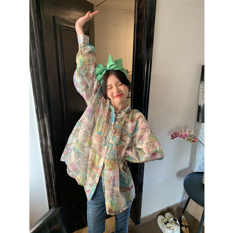 Áo Sơ Mi Chống Nắng Dáng Rộng Tay Phồng In Họa Tiết Cổ Điển Độc Đáo Thời Trang Cho Nữ