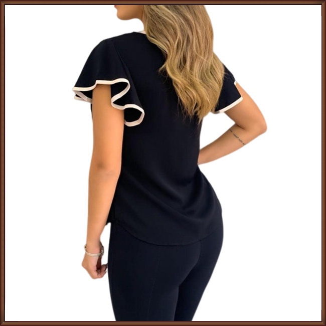 Áo Chiffon Dệt Kim Cổ Chữ V Phối Bèo Xinh Xắn Thời Trang